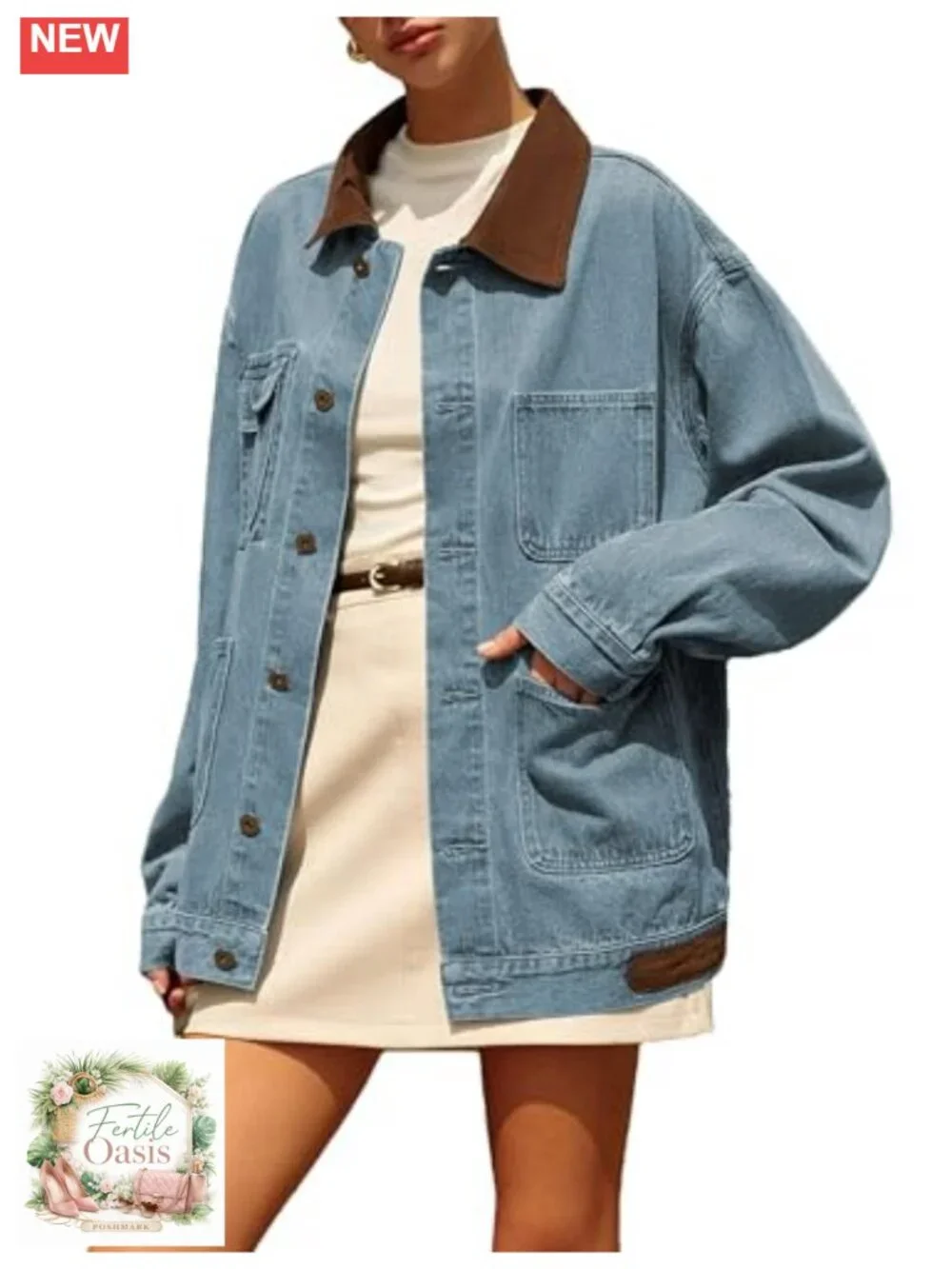 Oversized Denim Shacket with Contrast Collar and Pockets